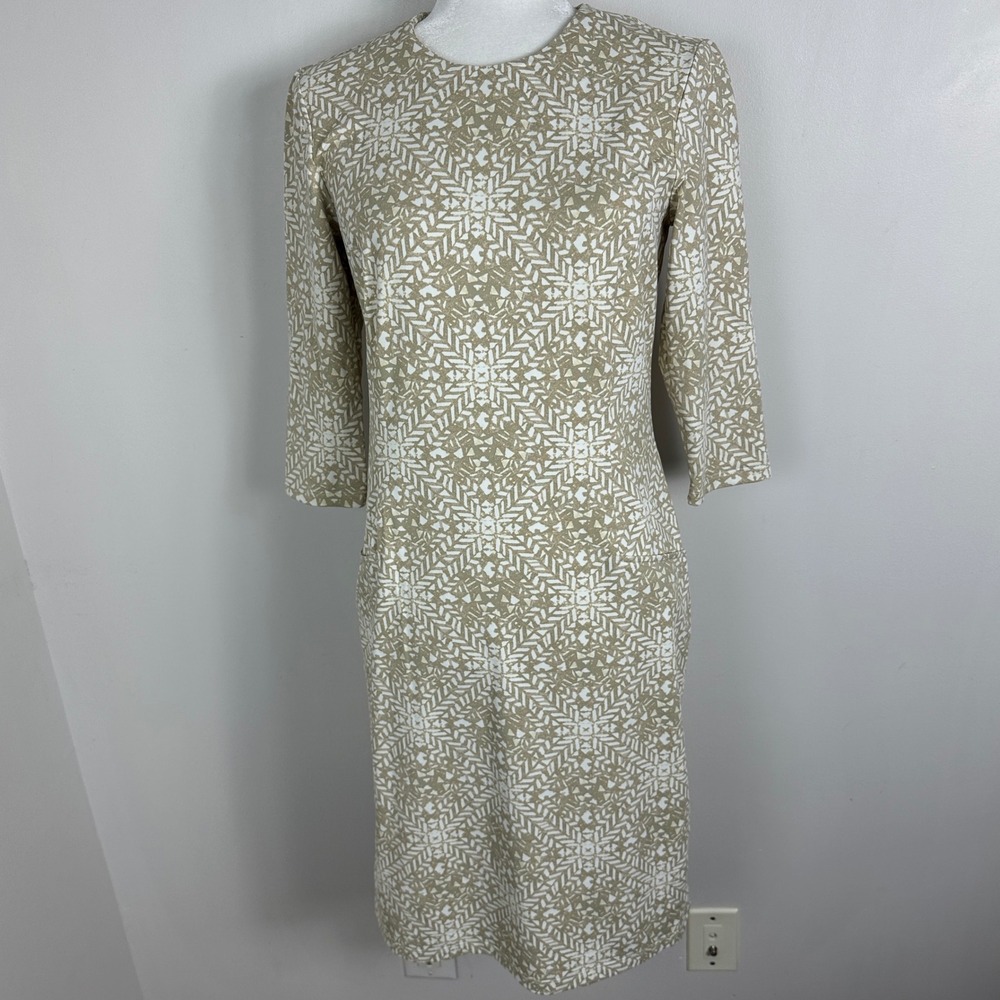 J. McLaughlin Tan White Printed Midi Dress Womens Size Medium Minimal Travel